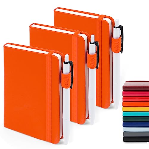 feela 3 Pack Pocket Notebook Journals with 3 Black Pens, A6 Mini Cute Small Journal Notebook Bulk Hardcover College Ruled Notepad with Pen Holder for Office School Supplies, 3.5”x 5.5”, Orange - Image 1