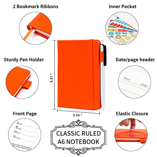 feela 3 Pack Pocket Notebook Journals with 3 Black Pens, A6 Mini Cute Small Journal Notebook Bulk Hardcover College Ruled Notepad with Pen Holder for Office School Supplies, 3.5”x 5.5”, Orange - Image 2