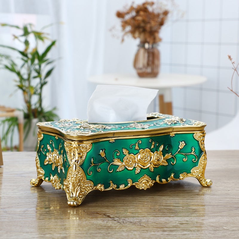 Generic Large Gold Napkin Holder Creative Plastic Tissue Box Golden Green Rose