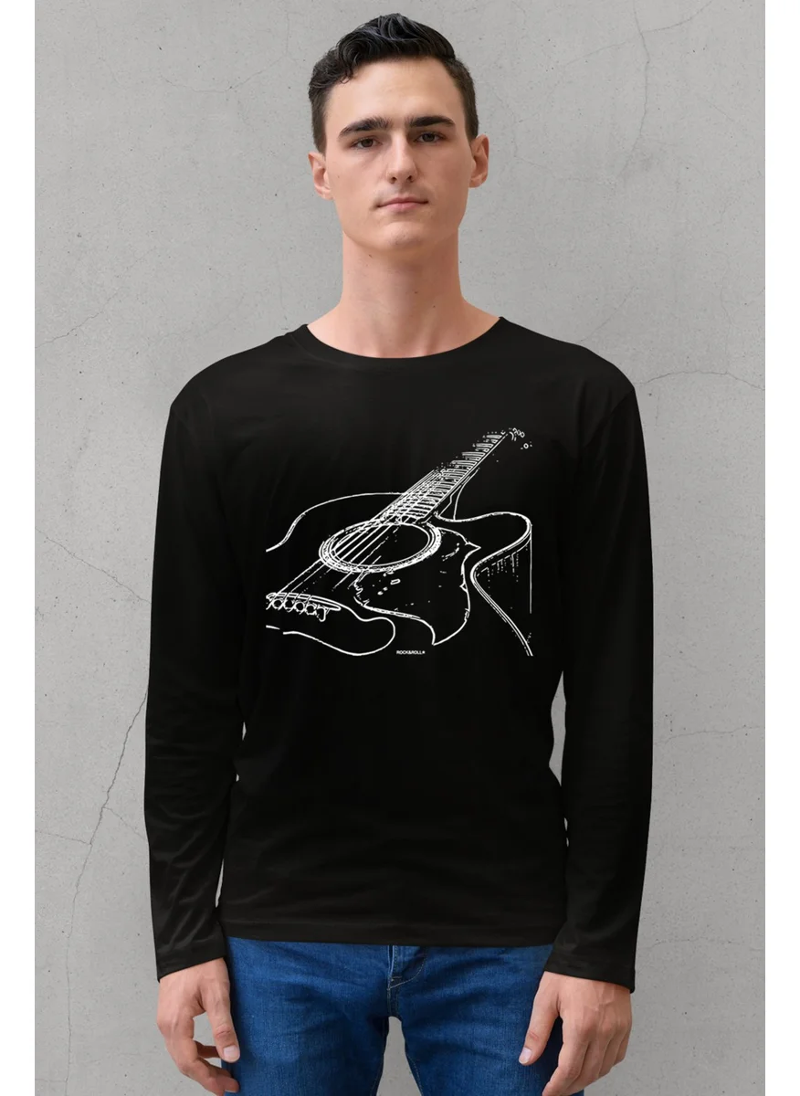 روك اند رول Rock & Roll My Guitar Strings Crew Neck Black Long Sleeve Combed Cotton Men's T-Shirt