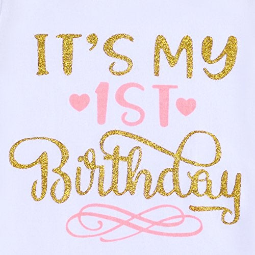 OBEEII Its my 1st Birthday Outfit Baby Girl Romper Tutu Skirt Glitter Sequin Bowknot Headband Leg Warmers Clothes 4pcs Set Cake Smash Photography Props Pink 1st Birthday 1 Year Old - Image 3