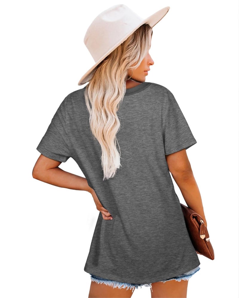 Jescakoo Womens Tops Short Sleeve Crewneck Tshirts Grey Simple Tees Cute Summer Shirts L - Image 5