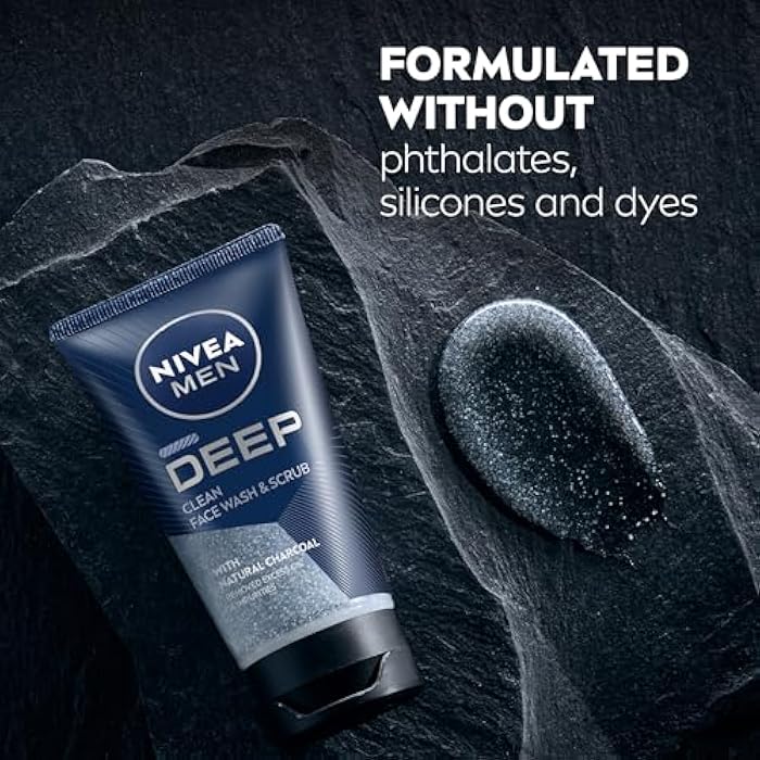 NIVEA MEN Deep Clean Face Wash and Scrub with Natural Charcoal, Exfoliating Face Wash for Men Removes Excess Oil, Dirt and Impurities, Beard Friendly Skin Care, 2.5 Fl Oz Tube, Pack of 3 - Image 5