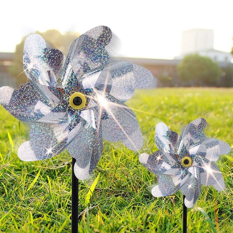 BATTIFE Reflective Pinwheels for Yard and Garden, Pre-Installed Sparkly Blind Birds Pin Wheel, Scare Birds & Animal Away Wind Spinner, 10 Pack (Silver) - Image 1
