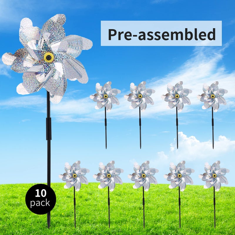 BATTIFE Reflective Pinwheels for Yard and Garden, Pre-Installed Sparkly Blind Birds Pin Wheel, Scare Birds & Animal Away Wind Spinner, 10 Pack (Silver) - Image 3