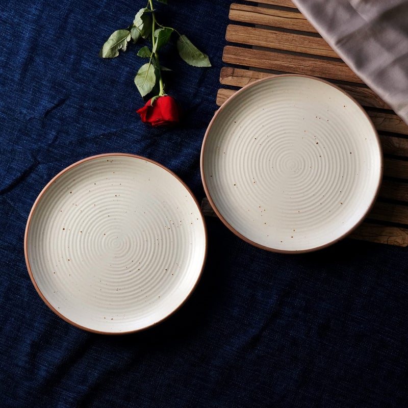 Freakway Cream Ribbed Stoneware Dinner Plates 10.3 Inch Set of 2 Pcs Ceramic Plates for Dinner | Microwave & Dishwasher Safe | Off White - Image 1