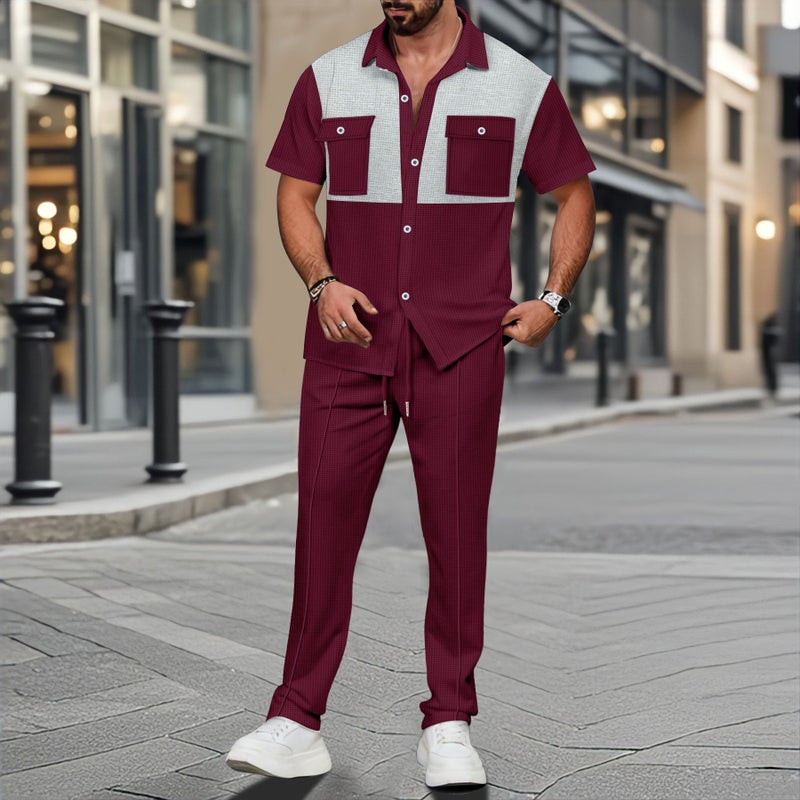 Waffle Weave Four-Button Pocket Contrast Short Sleeve Shirt and Pants Two-Piece Set - Image 1
