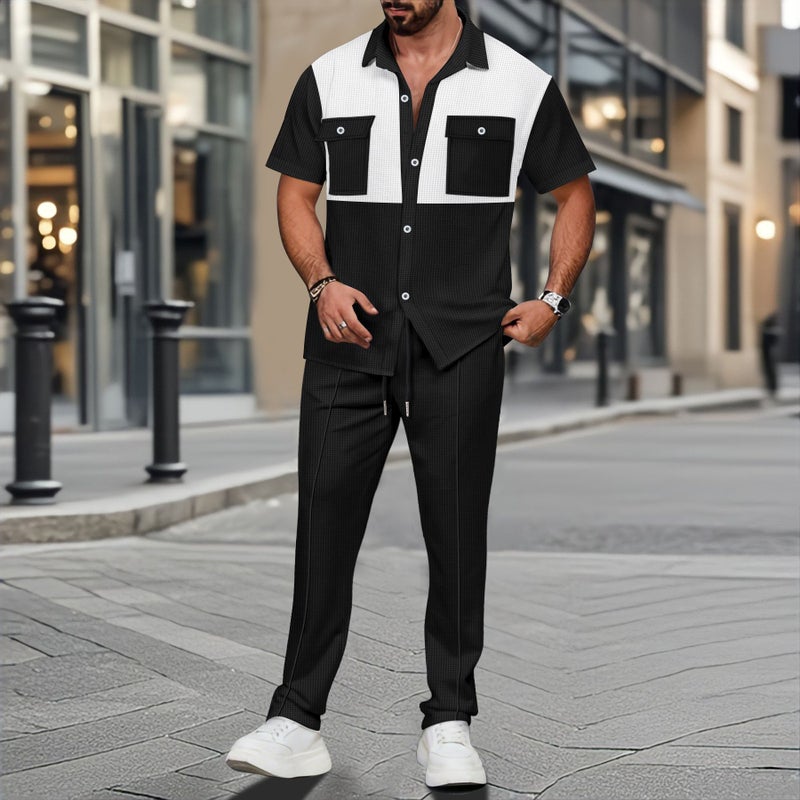 Waffle Weave Four-Button Pocket Contrast Short Sleeve Shirt and Pants Two-Piece Set - Image 2