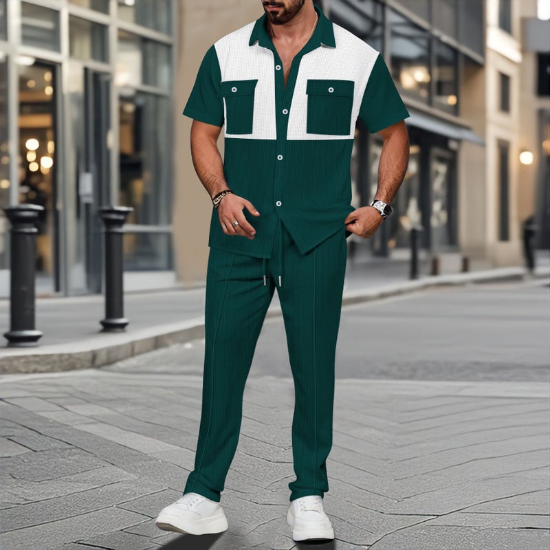 Waffle Weave Four-Button Pocket Contrast Short Sleeve Shirt and Pants Two-Piece Set - Image 3