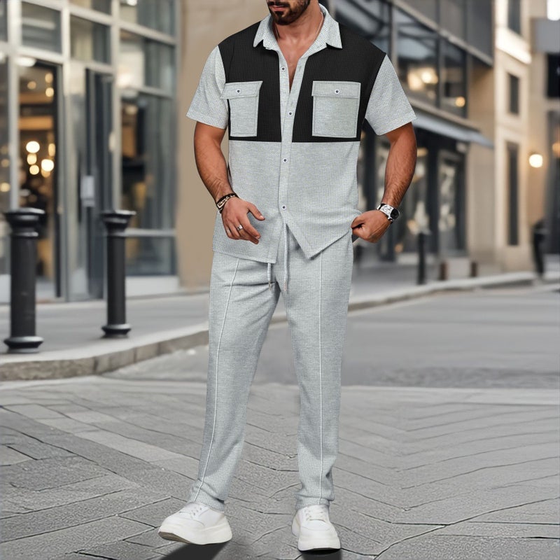 Waffle Weave Four-Button Pocket Contrast Short Sleeve Shirt and Pants Two-Piece Set - Image 4