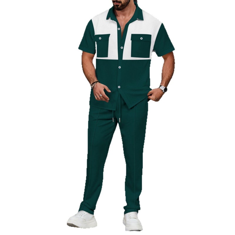 Waffle Weave Four-Button Pocket Contrast Short Sleeve Shirt and Pants Two-Piece Set - Image 5