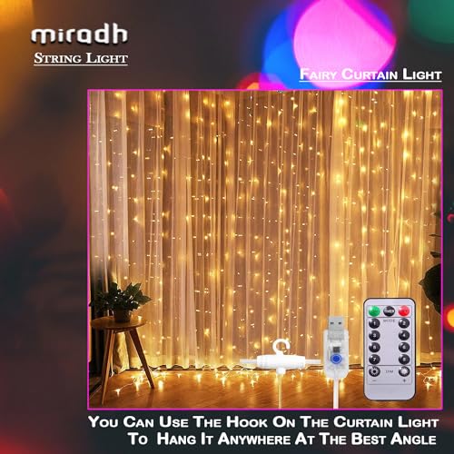 MIRADH 300 LED Fairy Curtain String Lights – USB Powered Remote-Controlled Backdrop, Warm Ambience for Diwali, Navratri, Christmas & New Year Décor, (Yellow) - Image 4