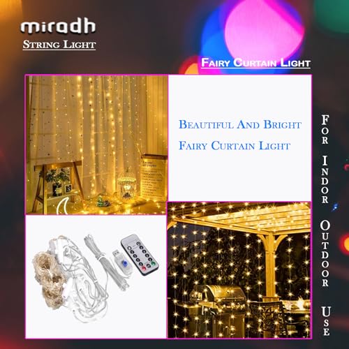 MIRADH 300 LED Fairy Curtain String Lights – USB Powered Remote-Controlled Backdrop, Warm Ambience for Diwali, Navratri, Christmas & New Year Décor, (Yellow) - Image 5