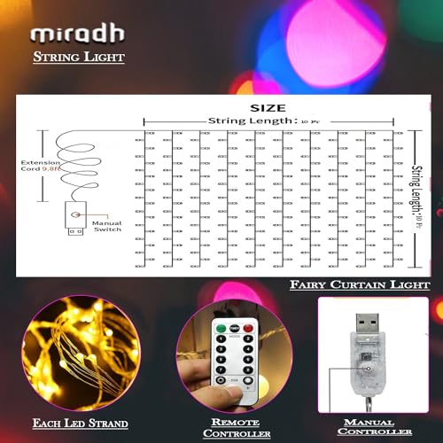 MIRADH 300 LED Fairy Curtain String Lights – USB Powered Remote-Controlled Backdrop, Warm Ambience for Diwali, Navratri, Christmas & New Year Décor, (Yellow) - Image 2