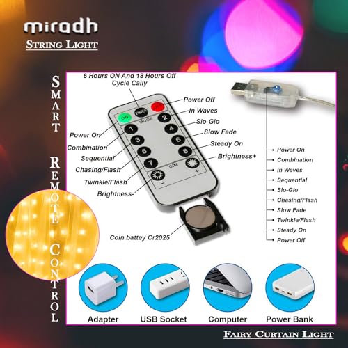 MIRADH 300 LED Fairy Curtain String Lights – USB Powered Remote-Controlled Backdrop, Warm Ambience for Diwali, Navratri, Christmas & New Year Décor, (Yellow) - Image 3