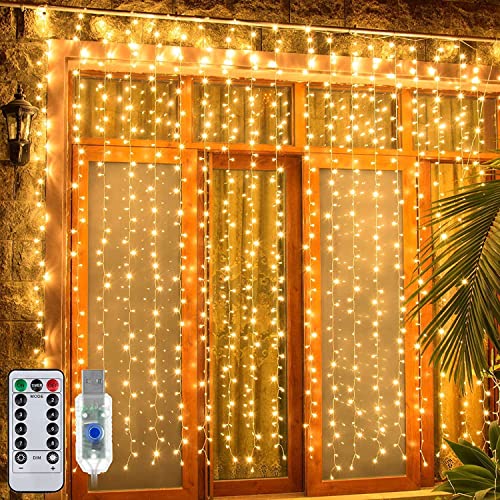 MIRADH 300 LED Fairy Curtain String Lights – USB Powered Remote-Controlled Backdrop, Warm Ambience for Diwali, Navratri, Christmas & New Year Décor, (Yellow) - Image 1