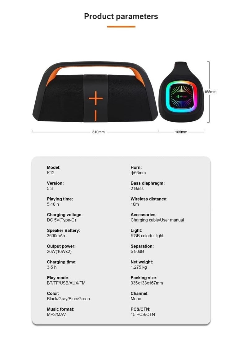 Kisonli - K12 - Bluetooth Speaker - W20 - Supports TF card, U disk, aux - Deep Bass - RGB Lighting - 3600mAh Battery - Powerful Stereo Sound - Black - Image 1