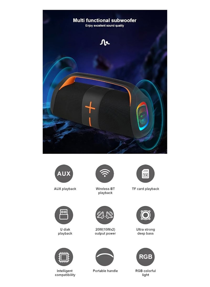 Kisonli - K12 - Bluetooth Speaker - W20 - Supports TF card, U disk, aux - Deep Bass - RGB Lighting - 3600mAh Battery - Powerful Stereo Sound - Black - Image 1