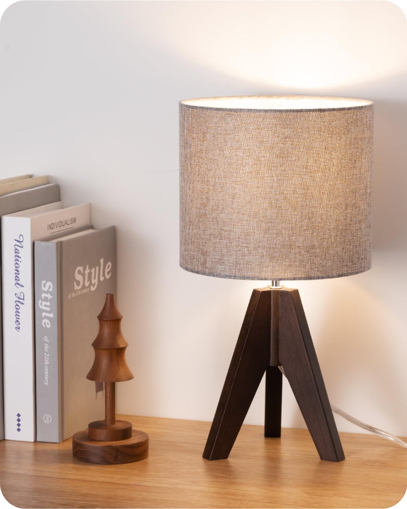 EDISHINE Boho Small Table Lamp, Walnut Color Wooden Tripod Bedside Lamp, Farmhouse Nightstand Lamp for Nursery, Bedroom, Office, Kid Room, Living Room, Grey Linen Lampshade, E26 Socket, 14.2 Inch - Image 1