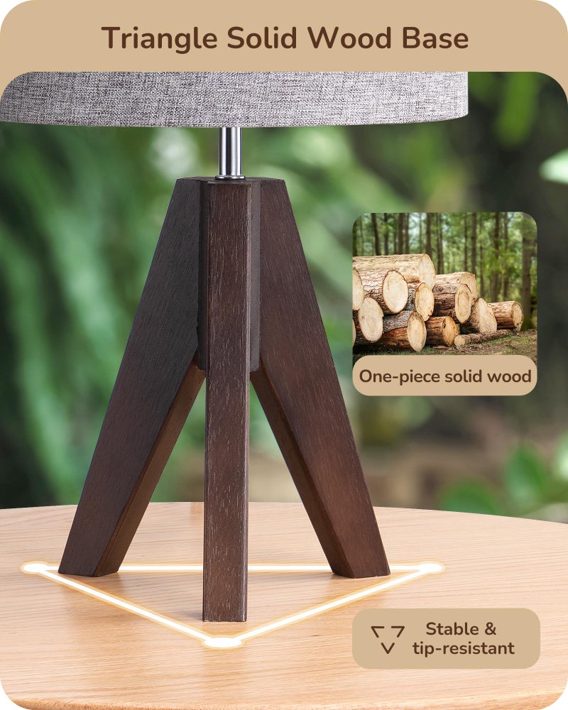 EDISHINE Boho Small Table Lamp, Walnut Color Wooden Tripod Bedside Lamp, Farmhouse Nightstand Lamp for Nursery, Bedroom, Office, Kid Room, Living Room, Grey Linen Lampshade, E26 Socket, 14.2 Inch - Image 2