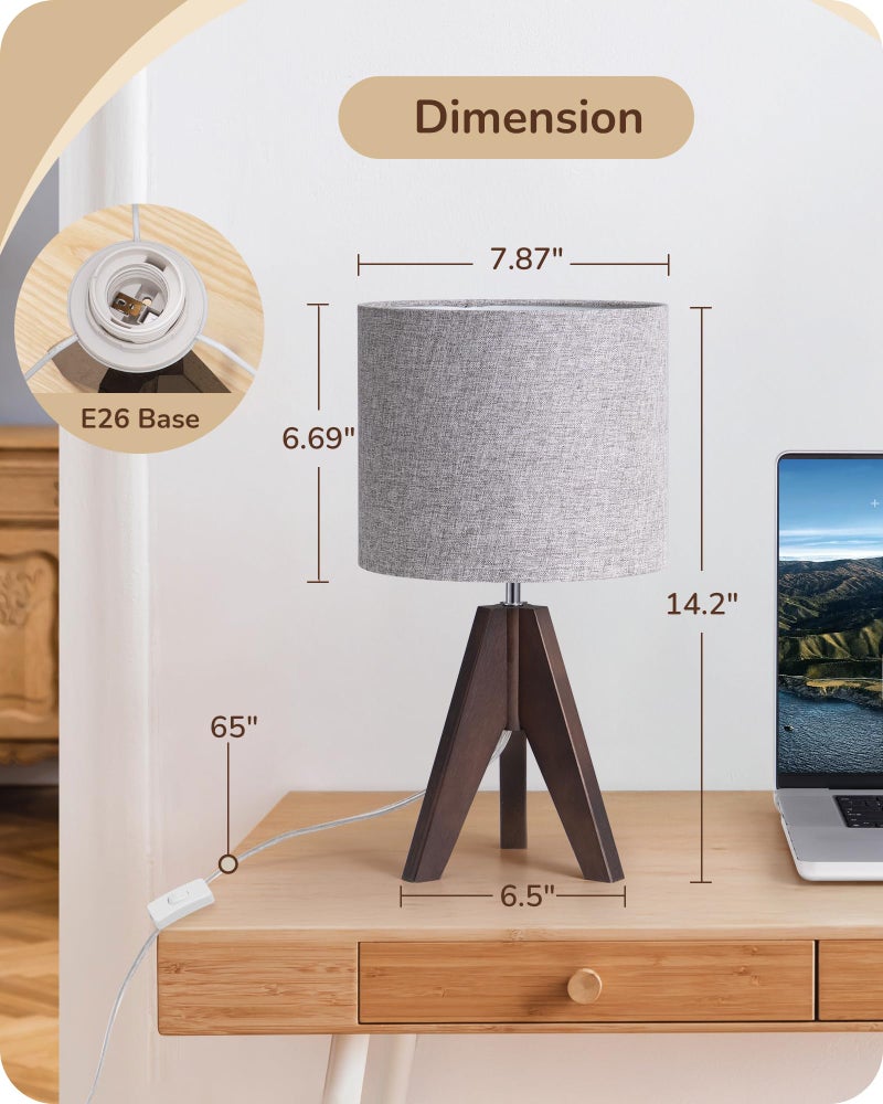 EDISHINE Boho Small Table Lamp, Walnut Color Wooden Tripod Bedside Lamp, Farmhouse Nightstand Lamp for Nursery, Bedroom, Office, Kid Room, Living Room, Grey Linen Lampshade, E26 Socket, 14.2 Inch - Image 5