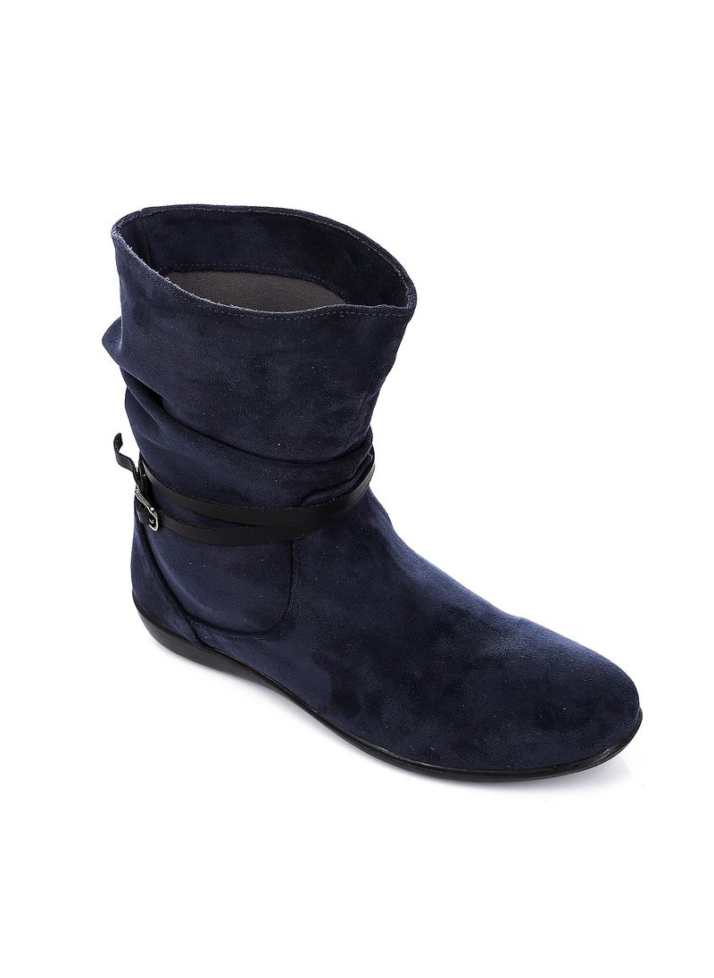 Mr.joe Slip On Simple Suede Flat Boots - Navy Blue  - Image 1