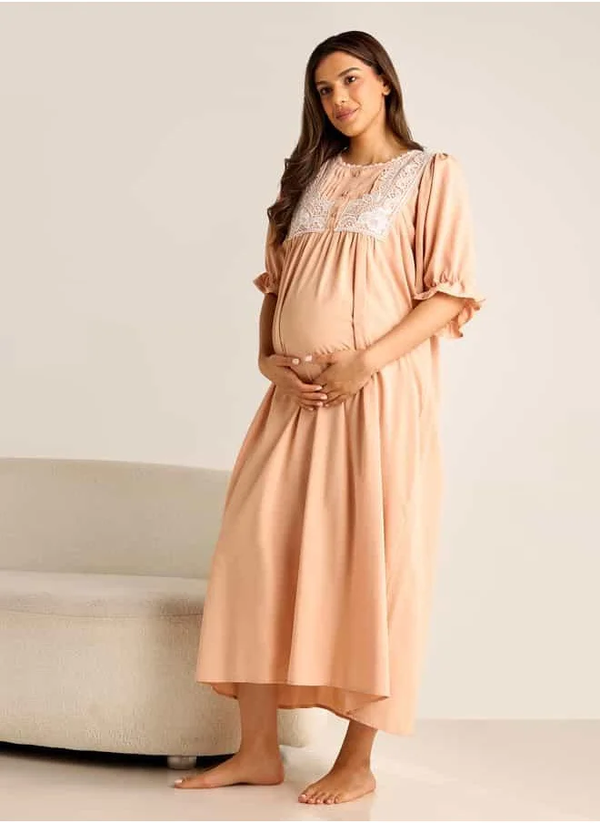 فاف Lace Detail Maternity Night Gown with Puff Sleeves