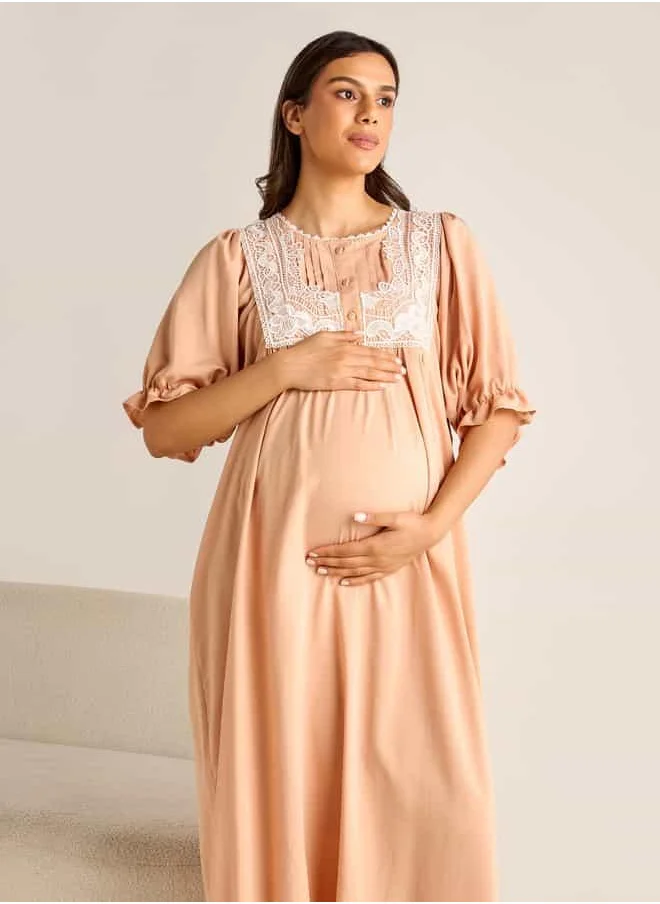 فاف Lace Detail Maternity Night Gown with Puff Sleeves