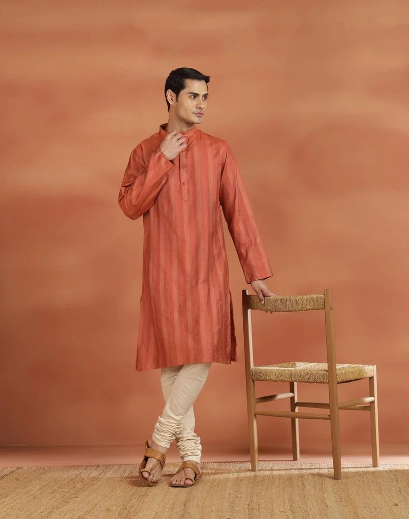 Fabindia Orange Viscose Silk Zari Stripe Slim Fit Long Kurta