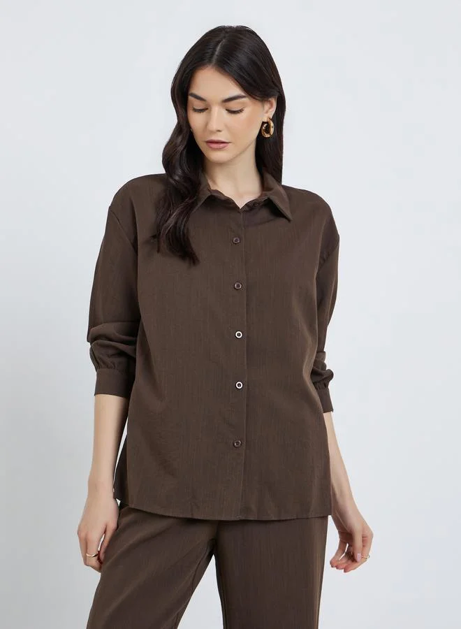 تايك تو Take Two Solid Buttoned Shirt and Loose Pants Co-Ords
