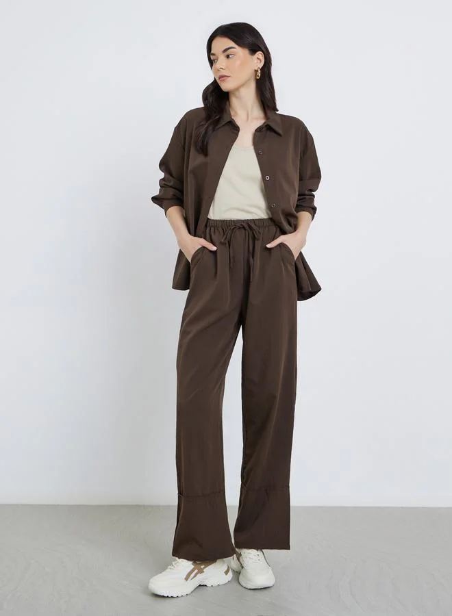 تايك تو Take Two Solid Buttoned Shirt and Loose Pants Co-Ords