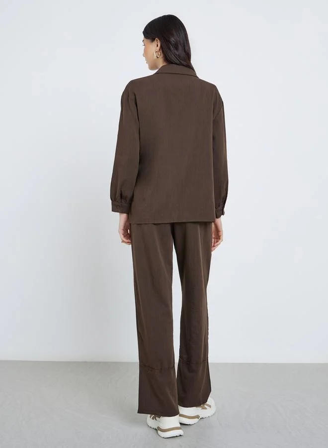 تايك تو Take Two Solid Buttoned Shirt and Loose Pants Co-Ords