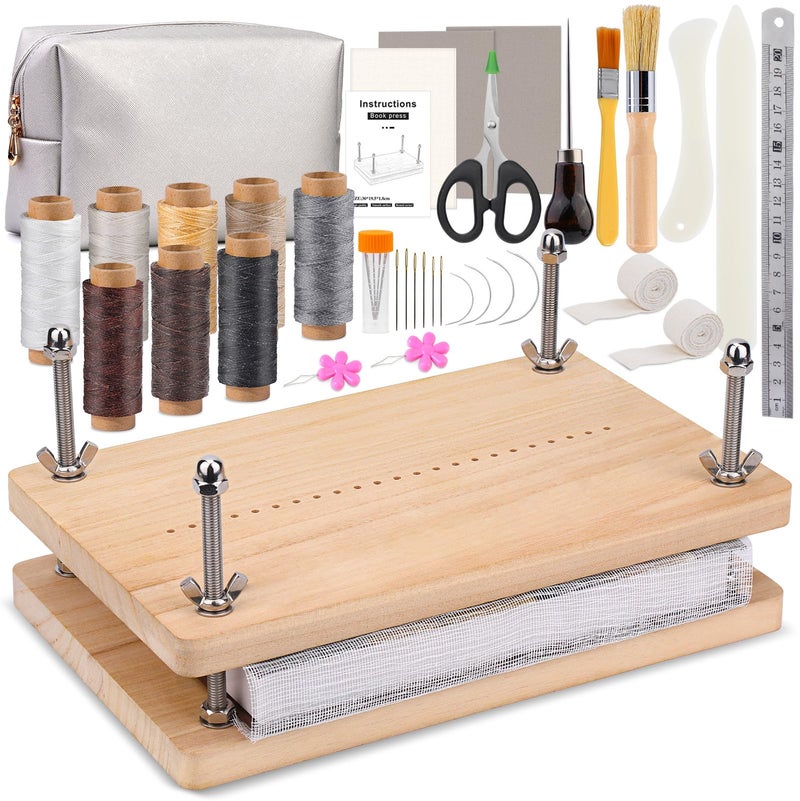UzecPk Book Binding Kits, Book Press, Bookbinding Kit, Book Binding Materials, Book Making Kit with Book Cloth Bone Folder Awl Bookbinding Needles Wax Thread, 11.8 X 7.6 Inches - Image 1