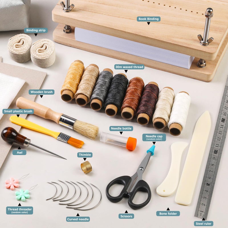 UzecPk Book Binding Kits, Book Press, Bookbinding Kit, Book Binding Materials, Book Making Kit with Book Cloth Bone Folder Awl Bookbinding Needles Wax Thread, 11.8 X 7.6 Inches - Image 3