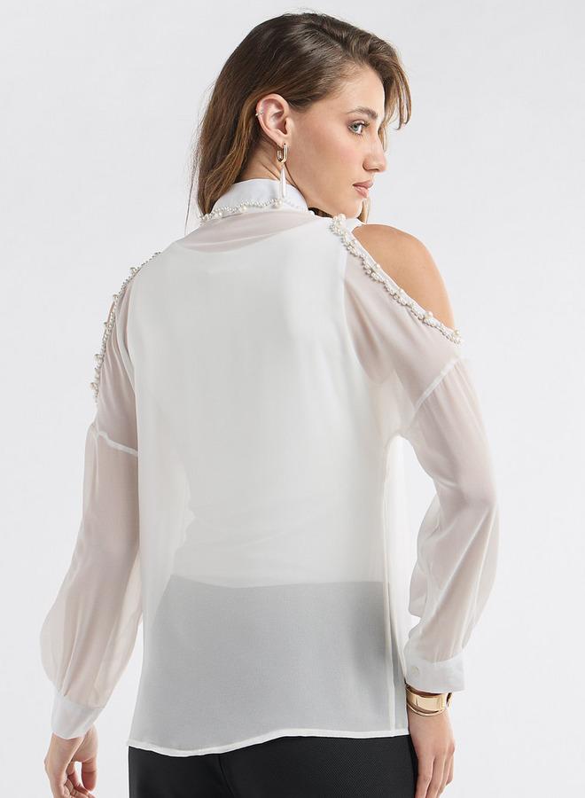 سبلاش فيڤ قميص بقصة سليم مزين باللؤلؤ مع أكتاف مفتوحة - Image 3