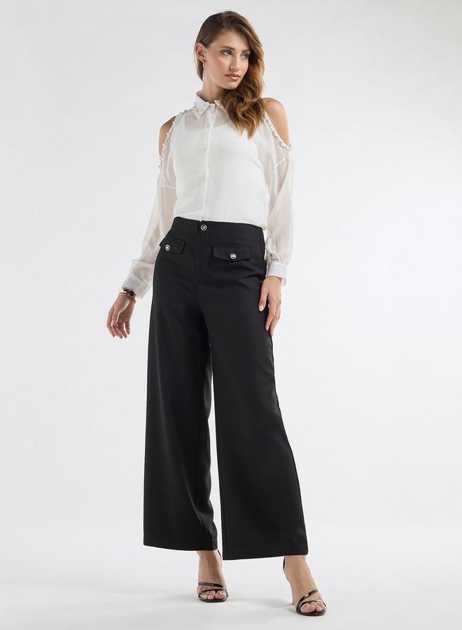 سبلاش فيڤ قميص بقصة سليم مزين باللؤلؤ مع أكتاف مفتوحة - Image 2