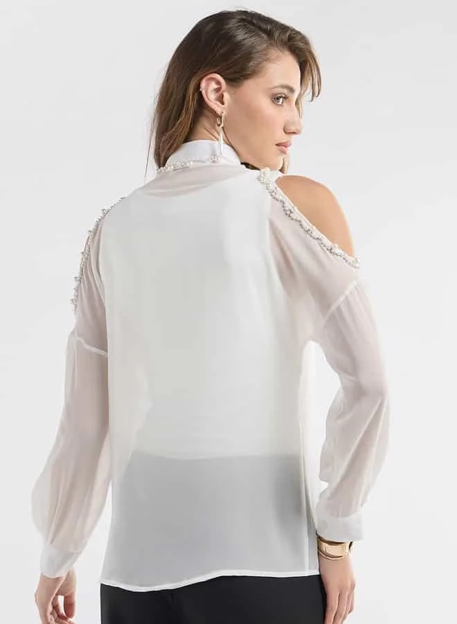 Splash FAV Slim Fit Pearl Embellished Shirt with Cold Shoulder