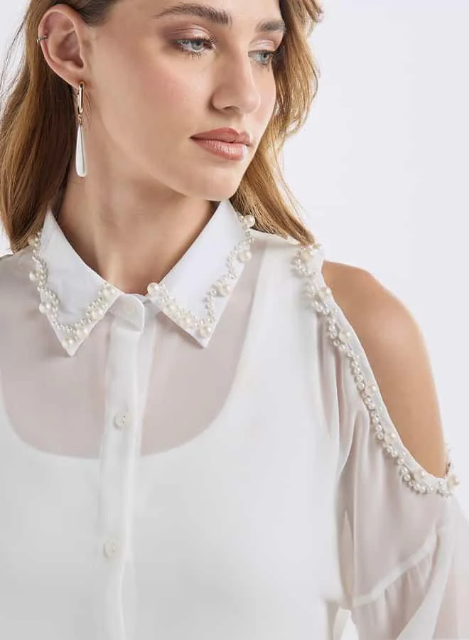Splash FAV Slim Fit Pearl Embellished Shirt with Cold Shoulder