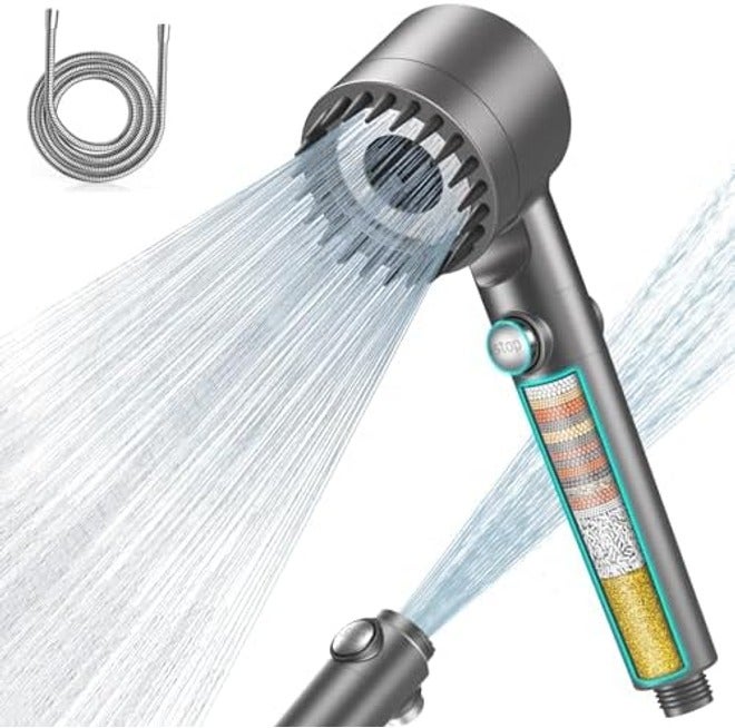 FEELSO Hard Water Filter Shower Head High Pressure with 1.5m Hose +3 Replacement Filters Grey 3+1 Spray Jet Modes Handheld Massage Shower Head with 15 Stage Filter for Residual Chlorine Remove & Reduce Dry Itchy Skin - Image 3