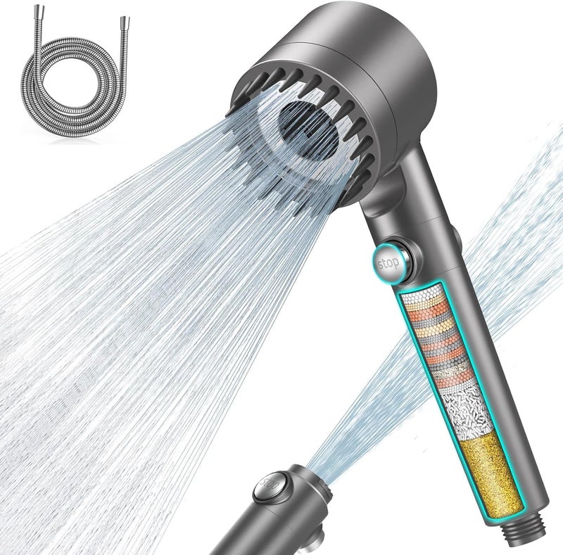 FEELSO Hard Water Filter Shower Head High Pressure with 1.5m Hose +3 Replacement Filters Grey 3+1 Spray Jet Modes Handheld Massage Shower Head with 15 Stage Filter for Residual Chlorine Remove & Reduce Dry Itchy Skin - Image 1