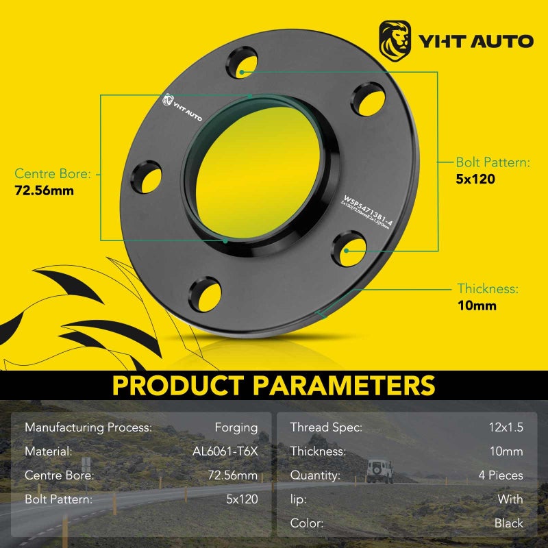 YHTAUTO YHTAUTO 5x120 Wheel Spacers 10 mm Compatible with 1974-2016 BMW 1/3/5/6/7/8/M3/M5/M6/Z3/Z4/Z8 Series Tire Spacers w/ M12x1.5 & 12.9 Grade Studs, 72.56 mm Hub Bore 5 Lug 4PCS Black Wheel Spacer  - Image 2