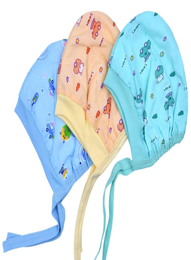 BCARE New Born Baby Boys and Girls Winter Care Hosiery Cotton Cap with Tai Knot & Bonnet Caps for Babies Hats Infants Topi Multicolor, Pack of 3Pc - Image 1