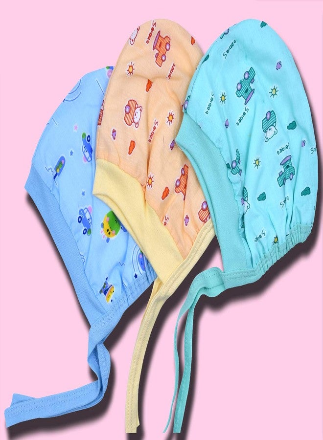 BCARE New Born Baby Boys and Girls Winter Care Hosiery Cotton Cap with Tai Knot & Bonnet Caps for Babies Hats Infants Topi Multicolor, Pack of 3Pc - Image 2