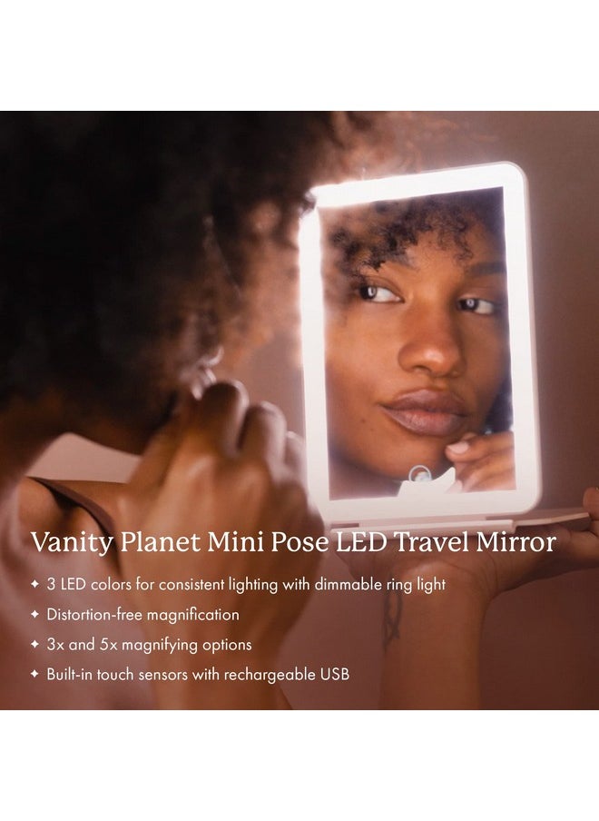 Handheld Makeup Mirror With Lights, Mini Pose 2.0 (Blush) - Travel Led Mirror With 3X & 5X Magnification - Dimmable Lighting & Micro-Usb Rechargeable Lighted Compact Mirror