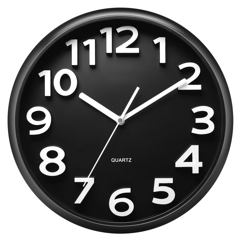 Plumeet 13 Wall Clock Large Battery Operated Wall Clocks Silent NonTicking Quartz Modern Style Suitable for Bedroom Living Room Office Decor  3D Numbers Display Easy to Read Black