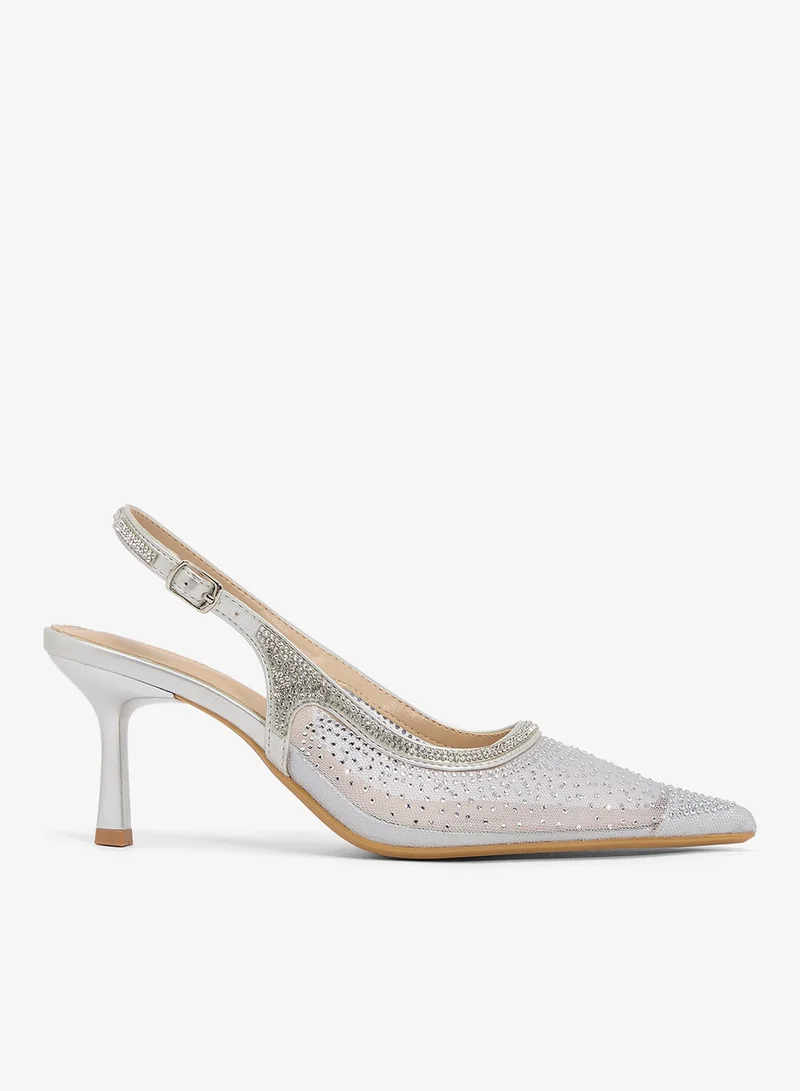 Ella Limited Edition Silver Rhinestone Detail Mesh Sling Back Pumps for Women | Best Price UAE