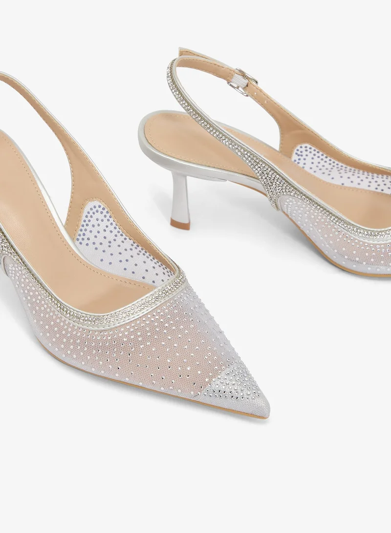 Ella Limited Edition Silver Rhinestone Detail Mesh Sling Back Pumps for Women | Best Price UAE