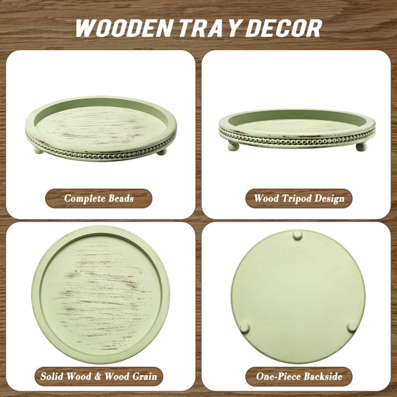 KULEDM Handmade Wooden Decorative Tray, Small Beaded Coffee Table Tray Decor, Sage Round Serving Tray for Coffee Table, Dining Room Table Entryway and Living Room Table - Image 4