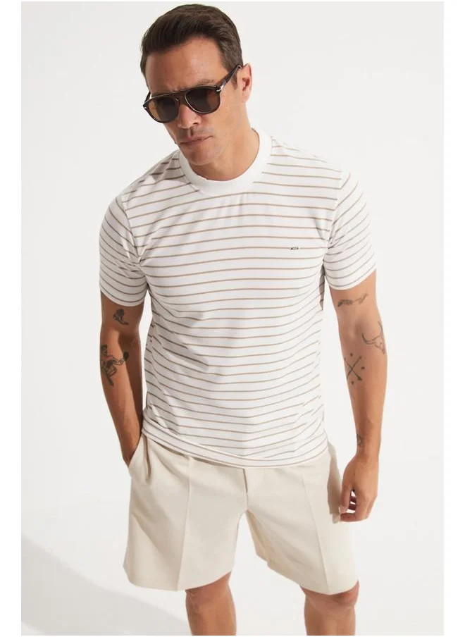 جون June Men Striped T-Shirt White - Beige