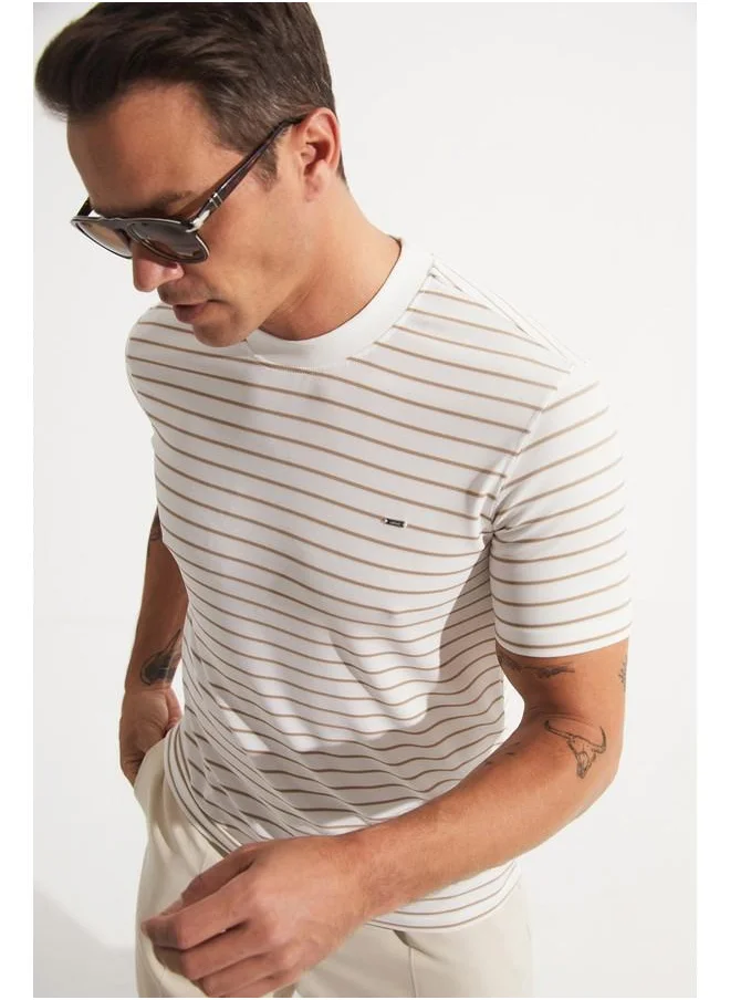 جون June Men Striped T-Shirt White - Beige